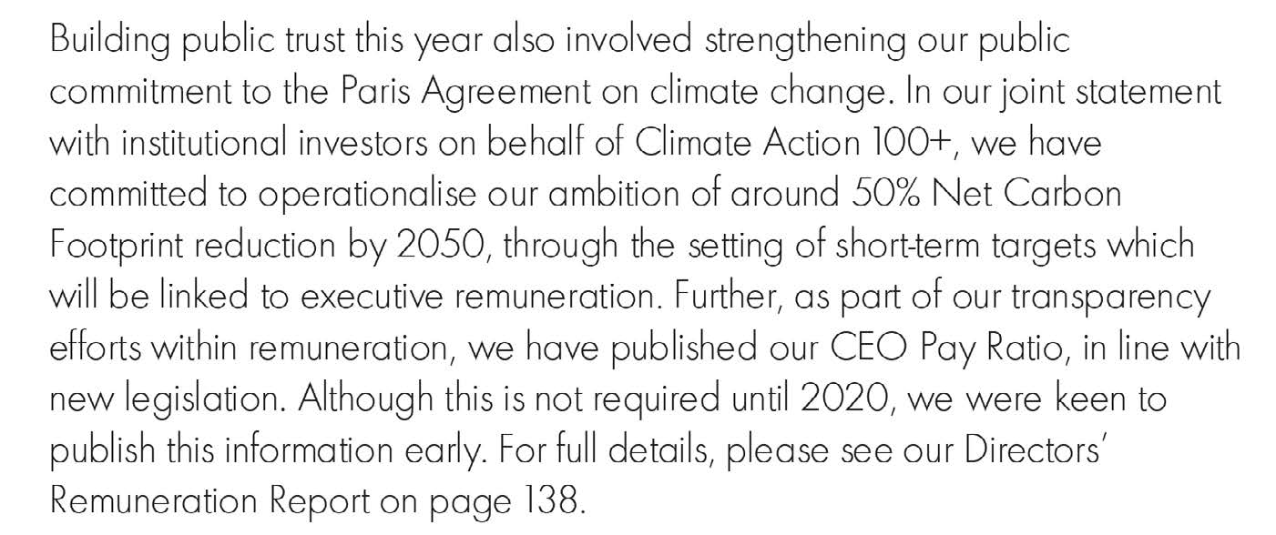 Screenshot of text detailing commitment to Paris Agreement, Net Carbon Footprint reduction targets, and CEO Pay Ratio disclosure.