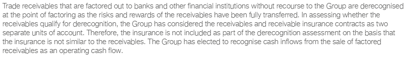 Paragraph detailing the derecognition of factored trade receivables and the treatment of insurance in the assessment.