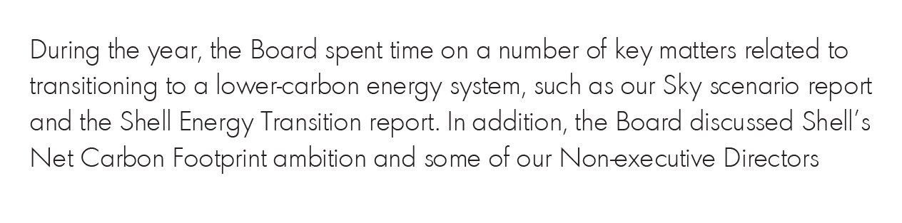 Screenshot of text discussing Board activities related to transitioning to a lower-carbon energy system, including Shell's Net Carbon Footprint ambition.