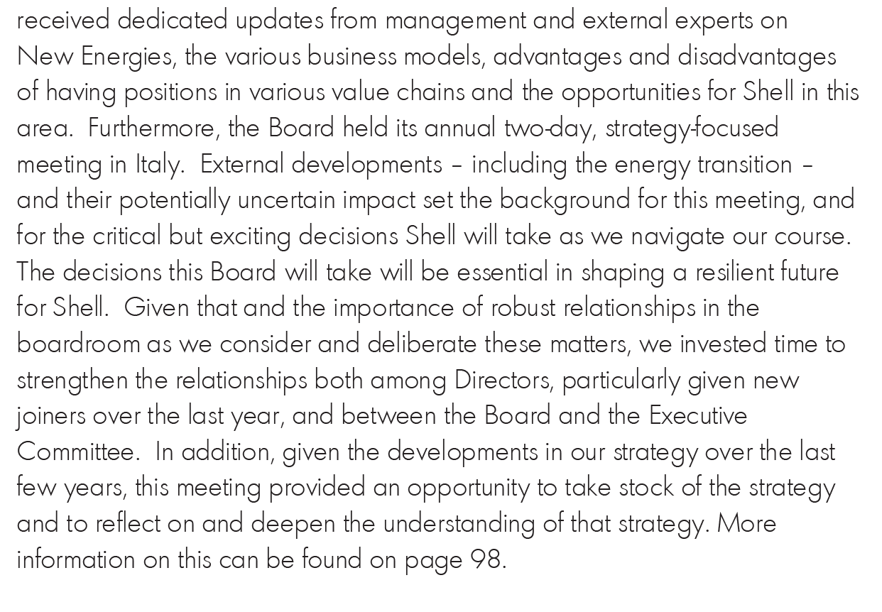 Screenshot of text detailing Board discussions on New Energies, business models, value chains, and strategy, emphasizing future resilience.