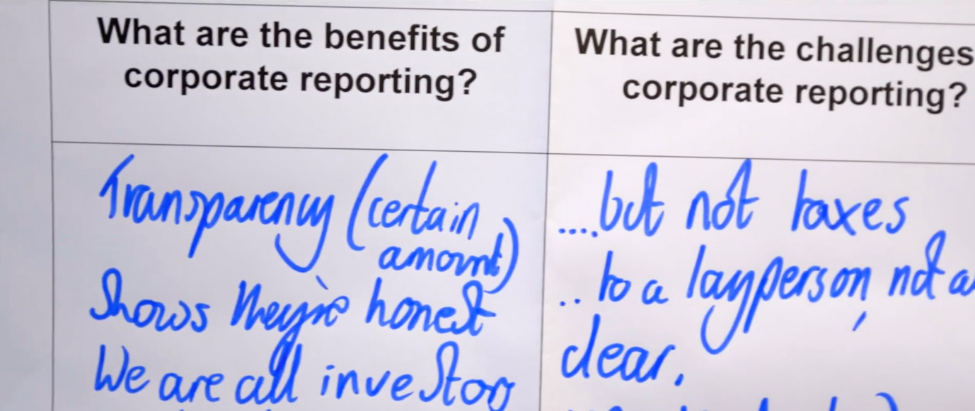 Image showing a close-up of a worksheet exploring the benefits and limitations of corporate reporting.