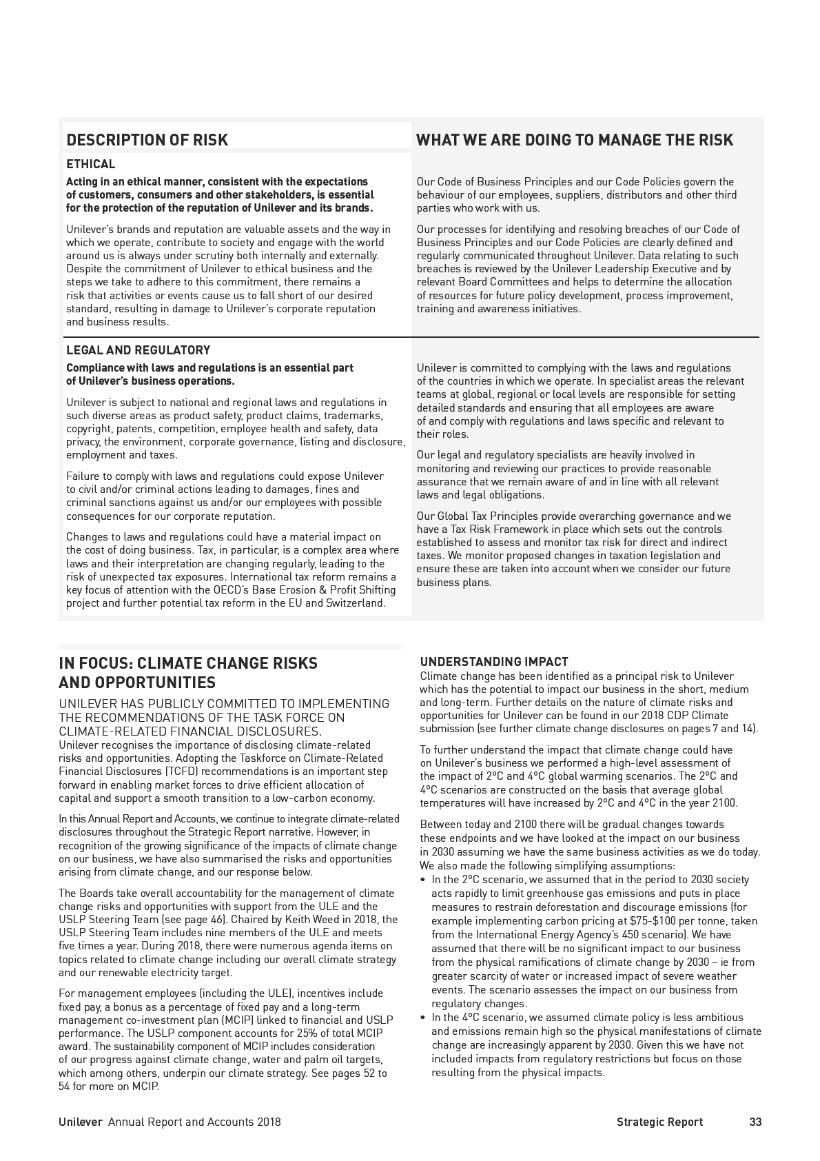 Screenshot of a document page detailing ethical, legal, regulatory, and climate change risks and opportunities.