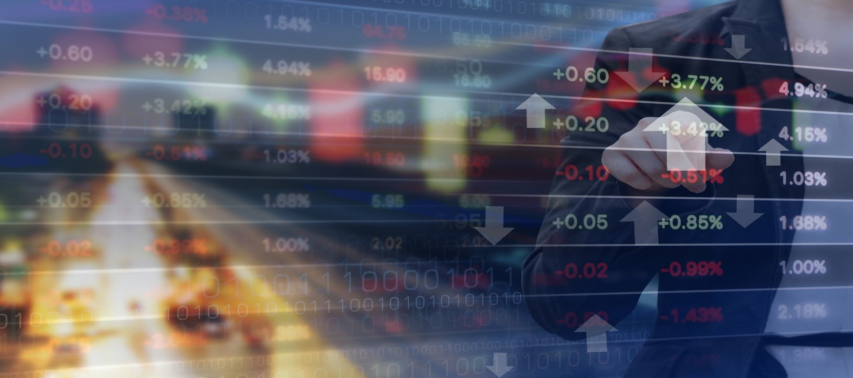 Hand pointing at a translucent digital display showing financial data with positive and negative percentages, market trends, and binary code overlay.