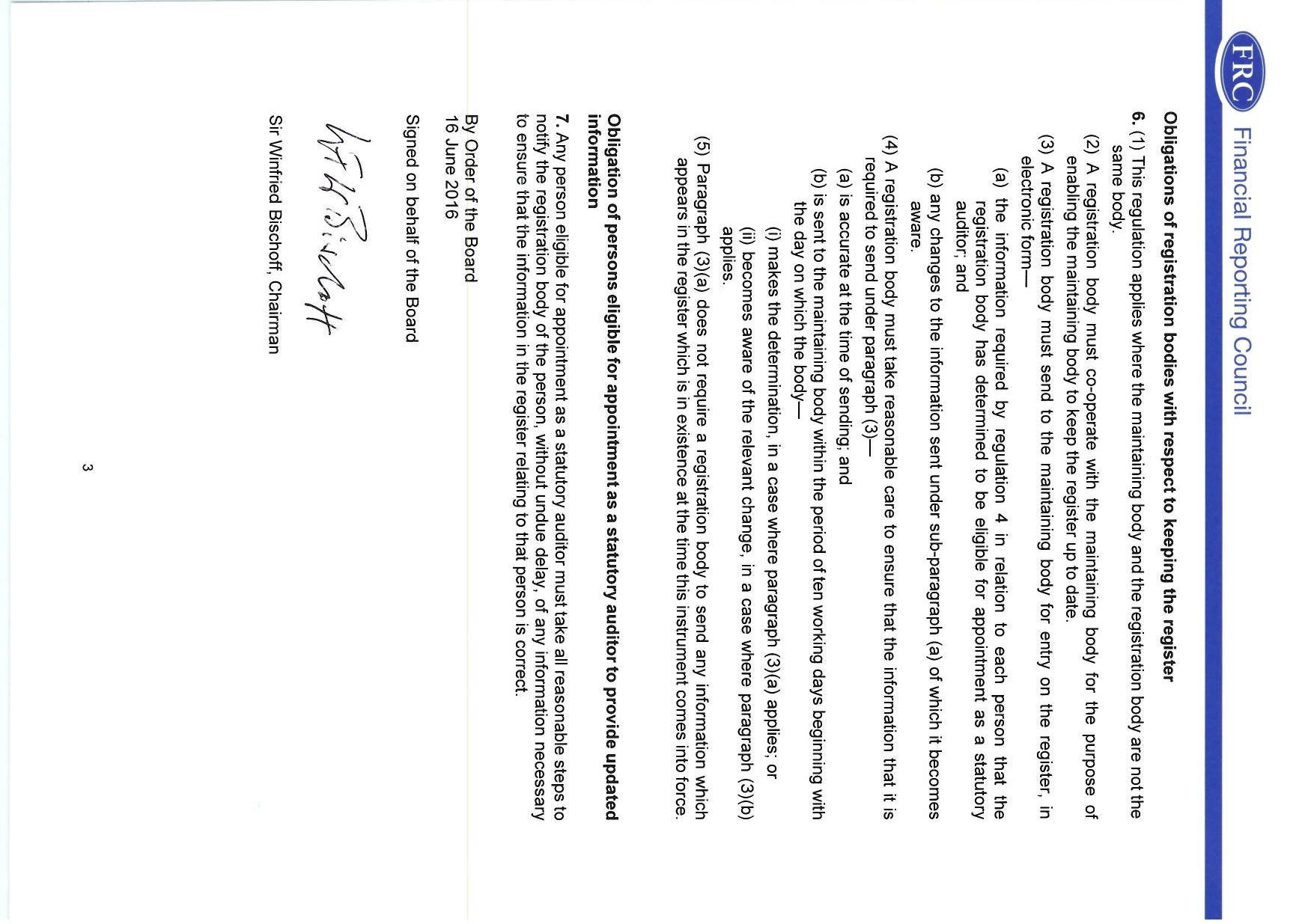 Handwritten signature of Sir Winifried Bischoff, Chairman, authenticating the document