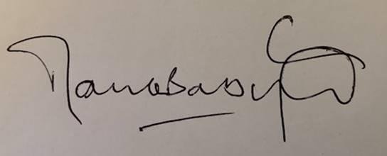 Handwritten signature of an individual, typically used for authentication or approval on a document.