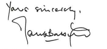 Handwritten closing 'Yours sincerely,' followed by a signature.