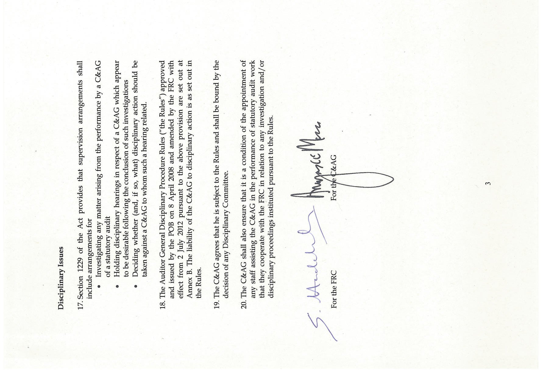 Page 3 including disciplinary issues and signatures from FRC and C&AG