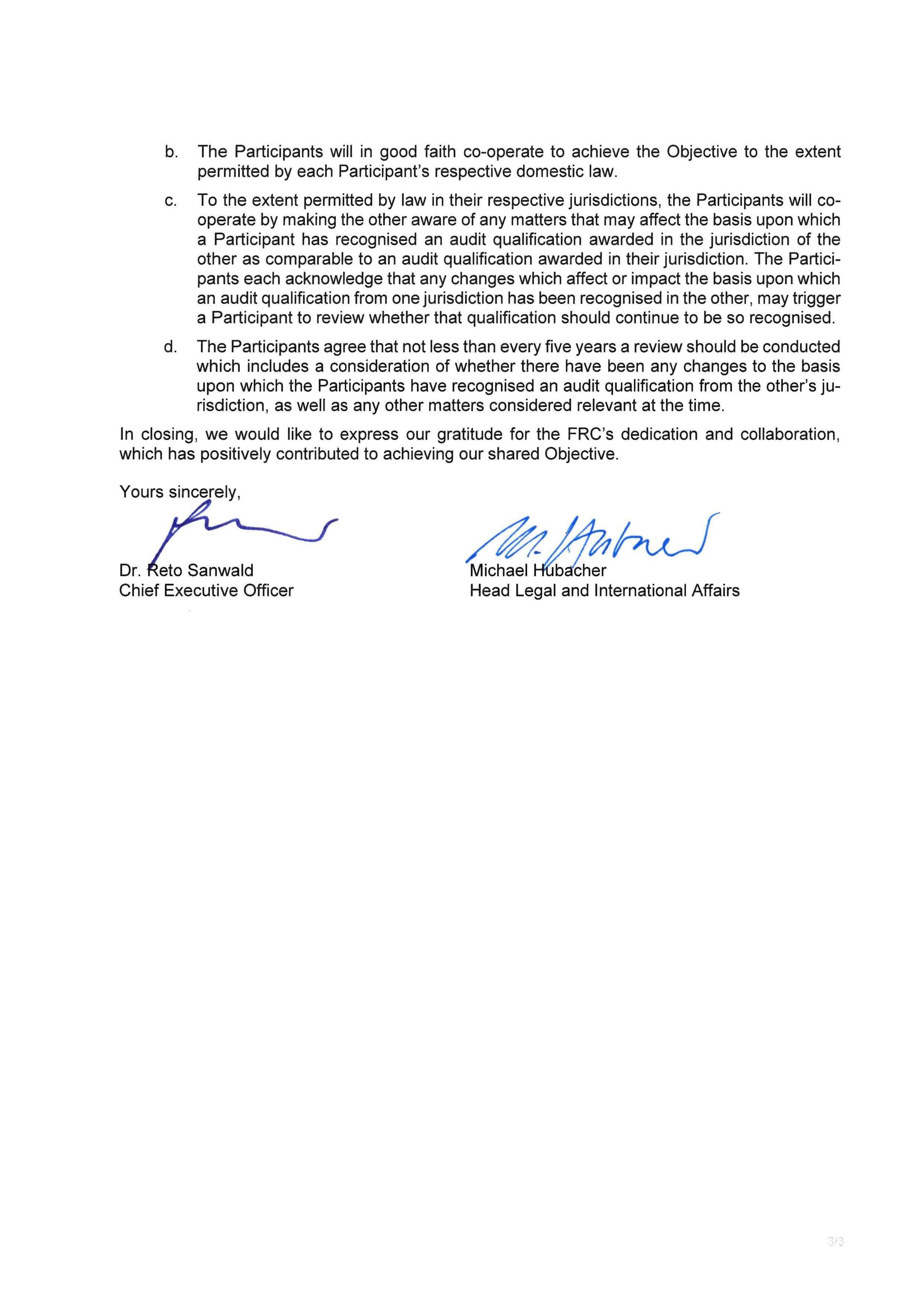 Two handwritten signatures of Dr. Reto Sanwald, CEO, and Michael Hubacher, Head Legal, confirming the document's content.