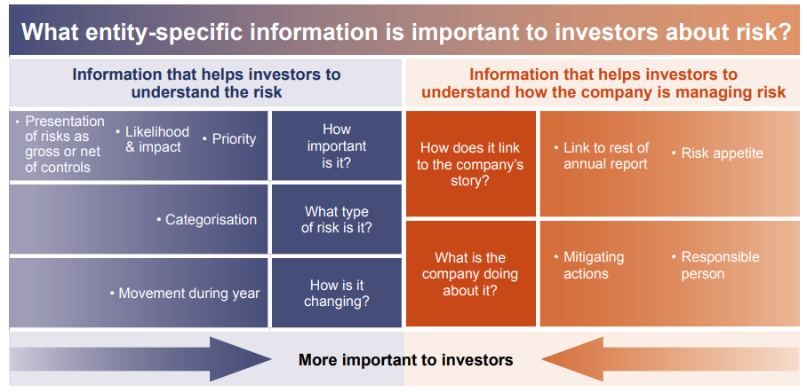 Diagram illustrating entity-specific risk information important to investors, categorizing it into understanding the risk and managing the risk, with examples and questions for each.