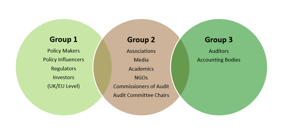 Venn diagram categorizing stakeholders into three groups: Policy Makers/Influencers, Associations/Media/Academics/NGOs, and Auditors/Accounting Bodies.