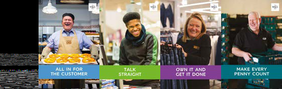 Four panels showing M&S employees with accompanying text describing company values: All in for the customer, Talk straight, Own it and get it done, Make every penny count.