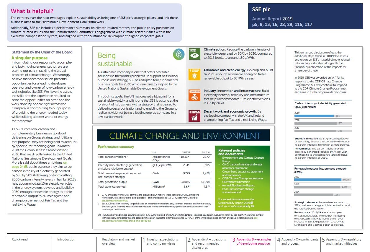 Infographic page on climate change and environment, including performance summary table, relevant policies, impact statements, and two bar charts on carbon intensity and renewable output.