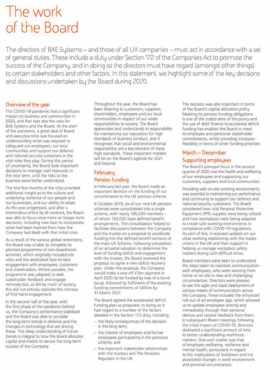 Text detailing the work of the BAE Systems Board in 2020, covering responses to the COVID-19 pandemic, pension funding, and employee support initiatives.