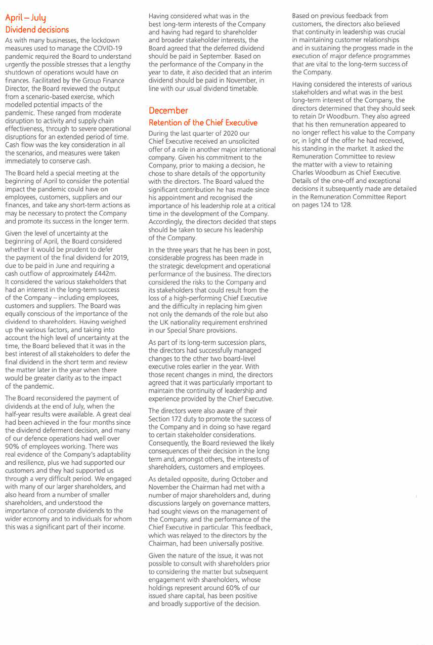 Text discussing April-July dividend decisions, including financial impacts of the COVID-19 pandemic and deferral of dividends, and December decisions regarding the retention of the Chief Executive.