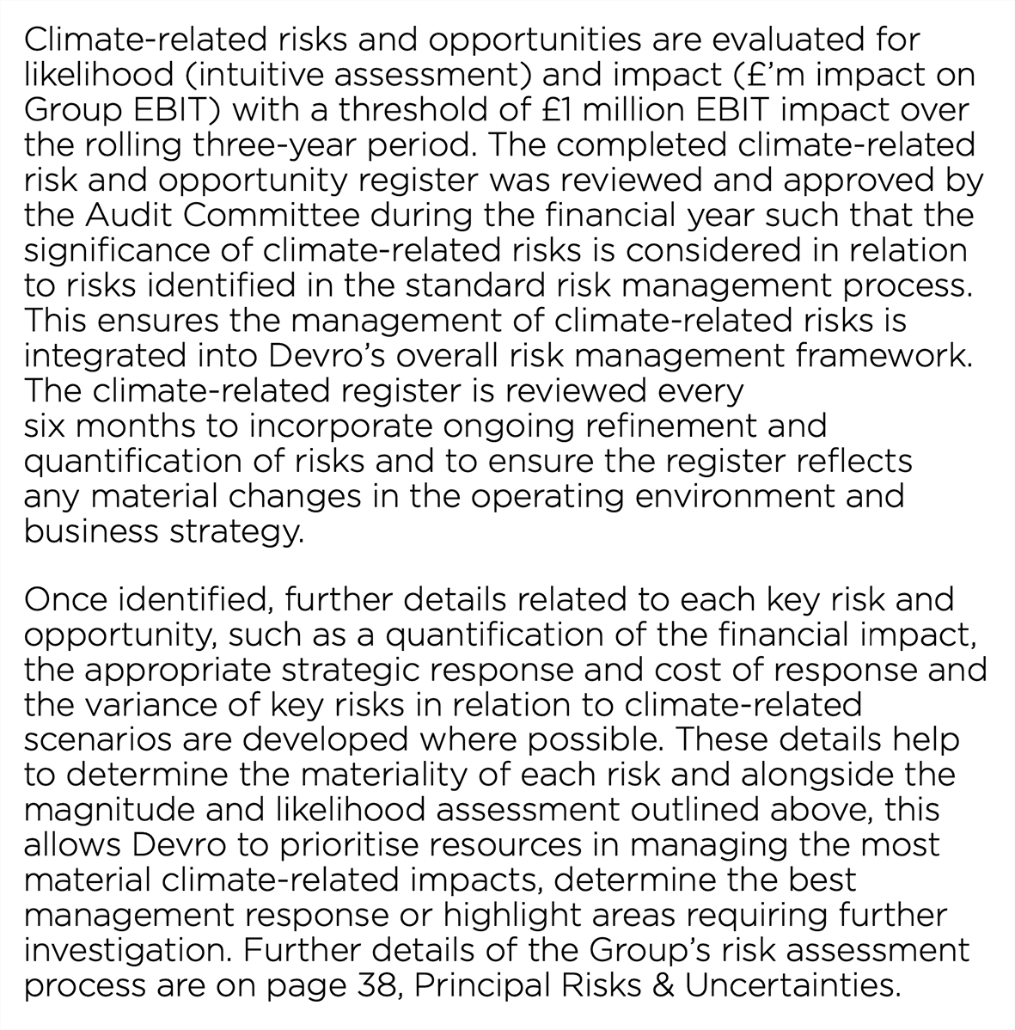 Text describing the evaluation and management process for climate-related risks and opportunities within Devro's risk management framework.