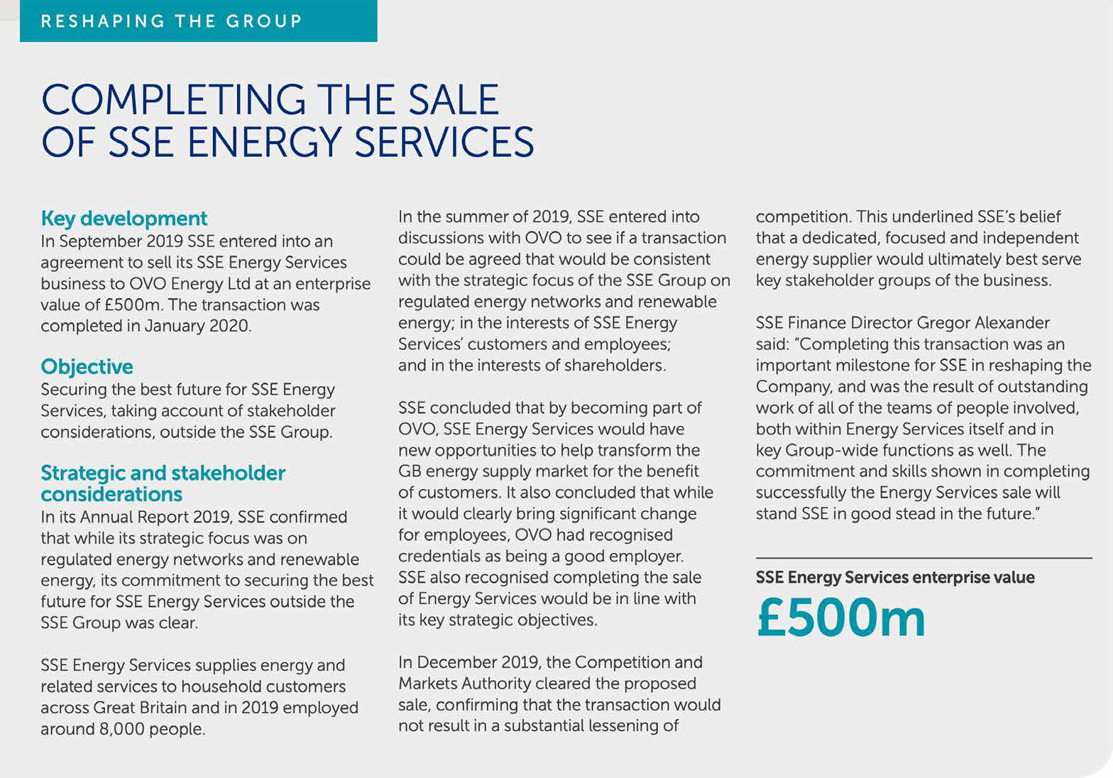 Text detailing the sale of SSE Energy Services, outlining key developments and strategic considerations, prominently featuring an enterprise value of £500 million.
