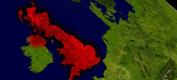 Satellite map of Great Britain and Ireland, with Great Britain highlighted prominently in red, indicating specific data or coverage.