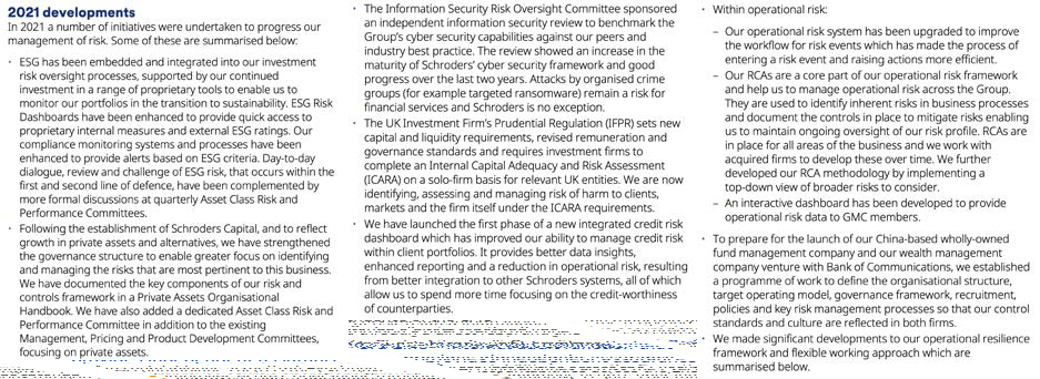 Screenshot of text summarizing 2021 developments in ESG integration, risk management, and operational resilience frameworks.
