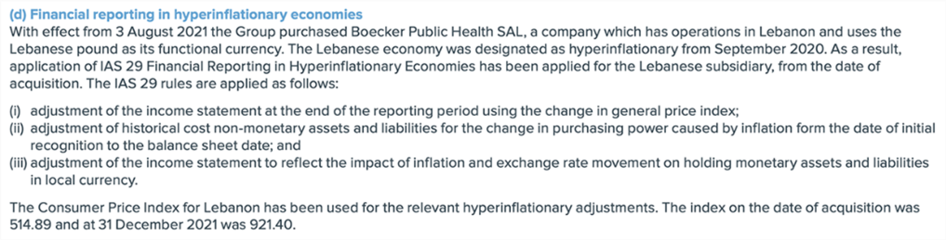 Text explaining financial reporting in hyperinflationary economies, detailing IAS 29 application rules for a Lebanese subsidiary and CPI values.