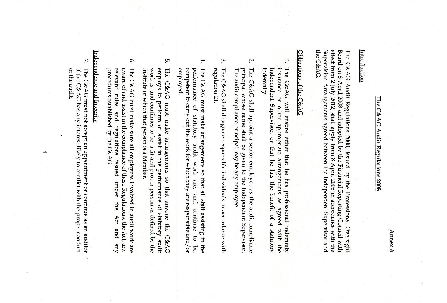 Page 4 of Annex A outlining the C&AG Audit Regulations 2008 and obligations