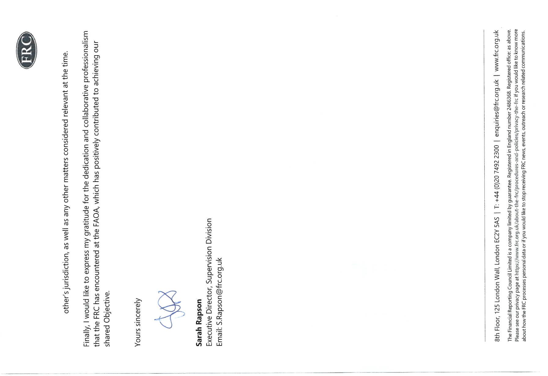 Signature of Sarah Rapson, Executive Director, Supervision Division