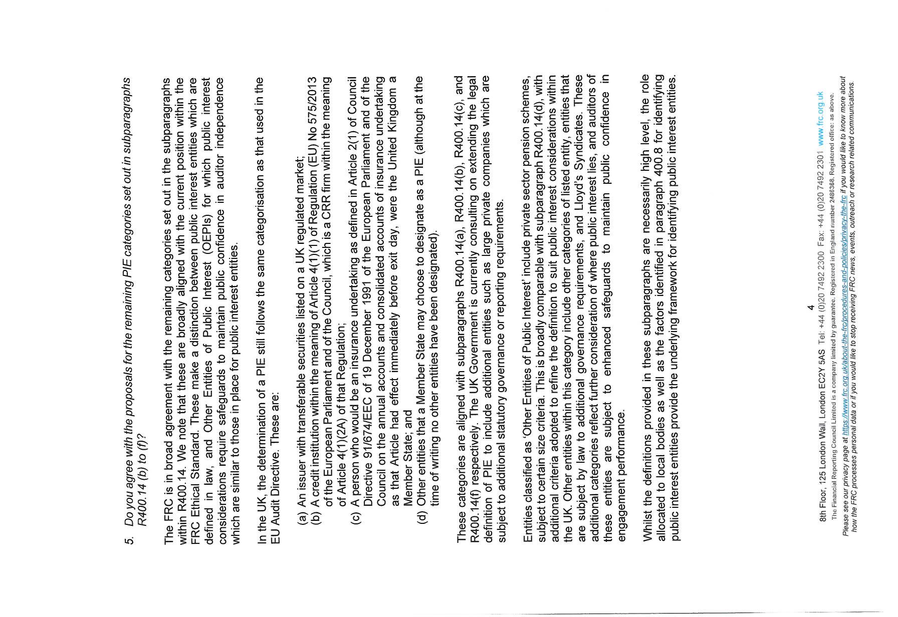 Page from the FRC document detailing proposals for remaining PIE categories under FRC Ethical Standard.