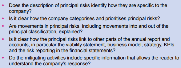 List of five questions regarding the clarity and specificity of principal risk descriptions, categorization, movements, linkages within the annual report, and mitigating activities.