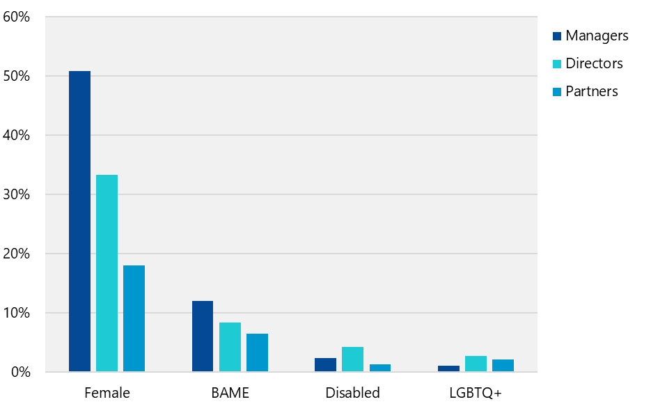 Grouped bar chart showing representation percentages of Managers, Directors, and Partners across different diversity characteristics (Female, BAME, Disabled, LGBTQ+).