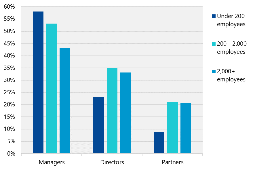 Bar chart showing proportions of Managers, Directors, and Partners by company size (under 200 employees, 200 - 2,000 employees, 2,000+ employees) across Female senior leaders.