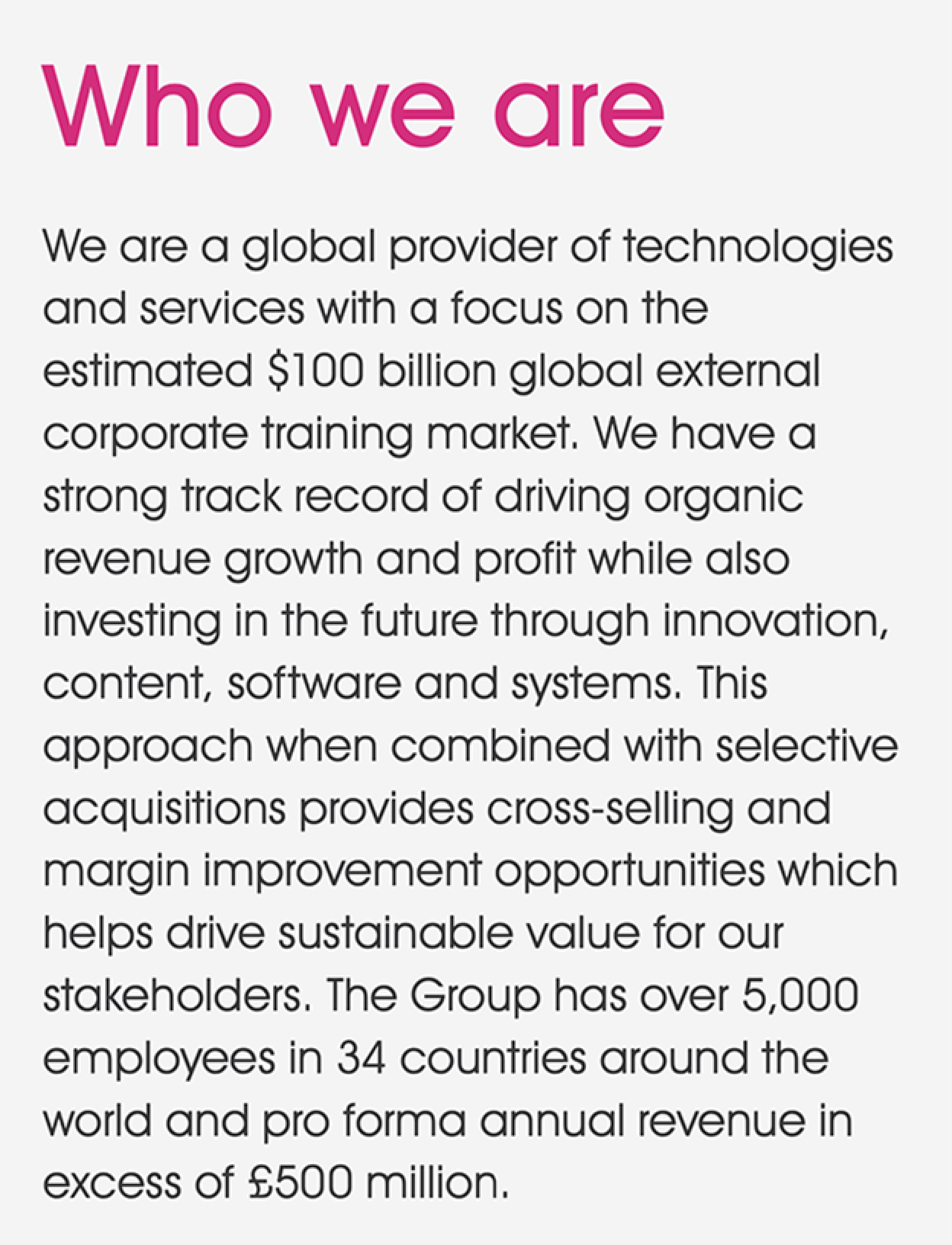 Text describing the company's identity, market focus, growth strategy, global presence, number of employees, and annual revenue.