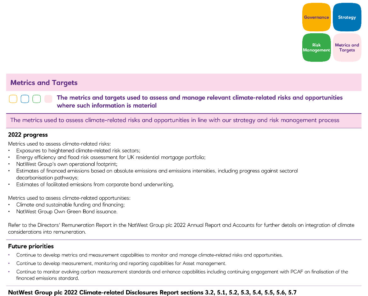 Conceptual framework showing Governance, Strategy, Risk Management, and Metrics and Targets, with text detailing 2022 progress and future priorities for climate risks.