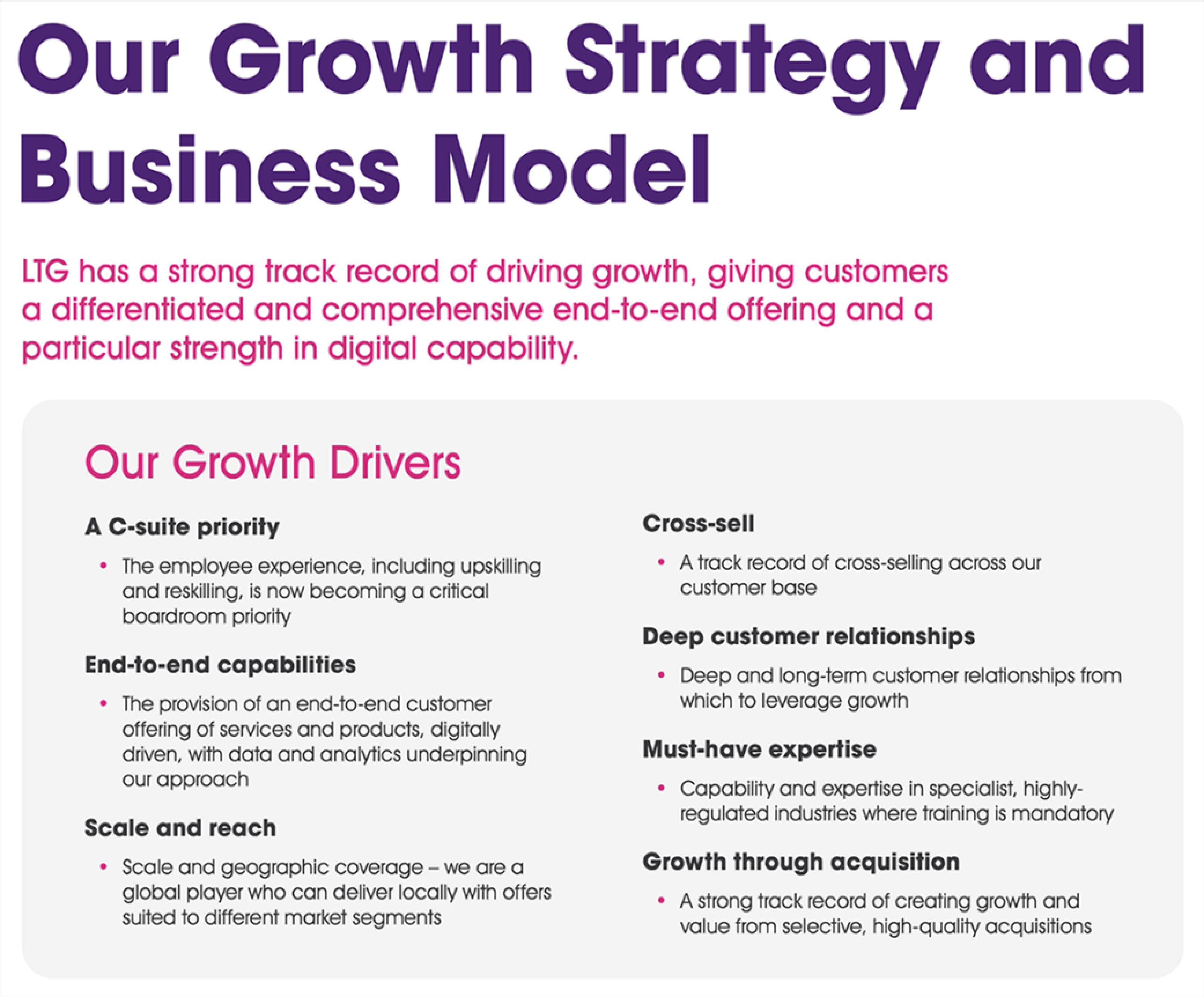 Diagram outlining the company's growth strategy and business model, detailing seven key growth drivers.
