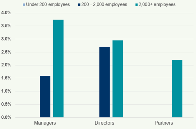 Clustered bar chart illustrating the percentage of Managers, Directors, and Partners by firm size, with categories for Under 200, 200-2000, and 2000+ employees.