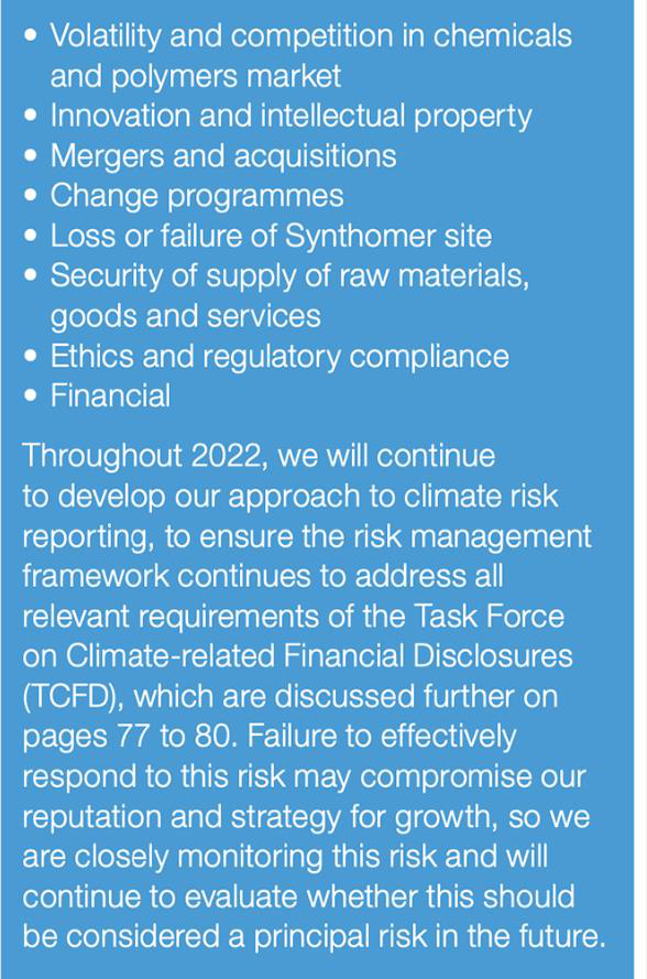 Text listing principal risks (e.g., volatility, innovation, M&A) and describing ongoing efforts to develop climate risk reporting within the TCFD framework.