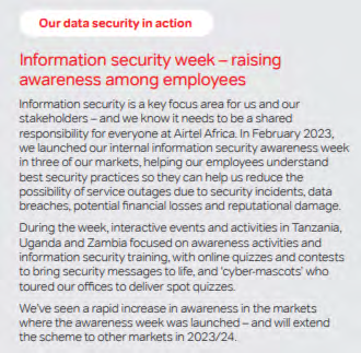 Article snippet detailing Airtel Africa's information security awareness week, initiatives, and impact in various markets.