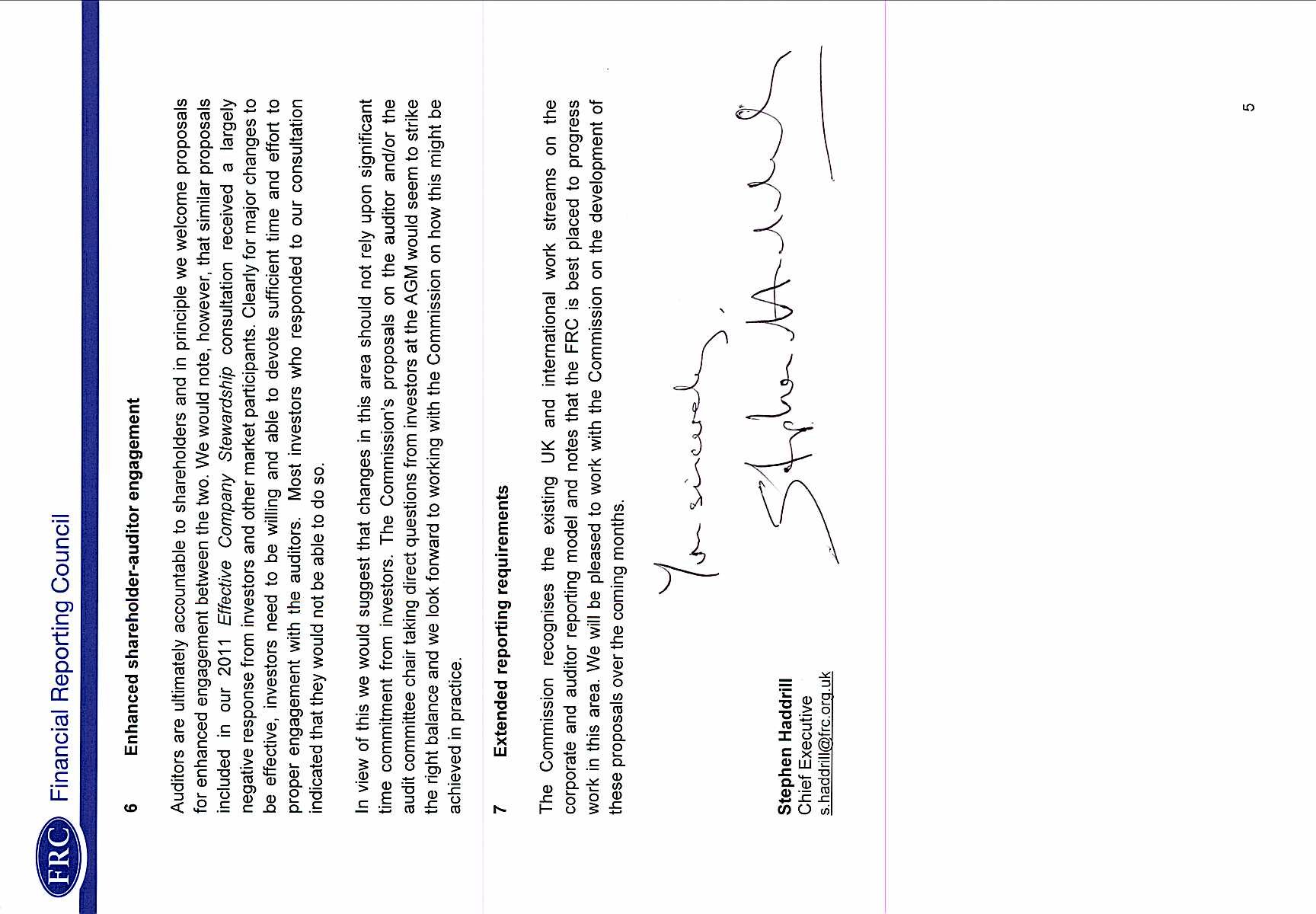 Handwritten closing 'You sincerely,' and signature of Stephen Haddrill, Chief Executive, on a letter.