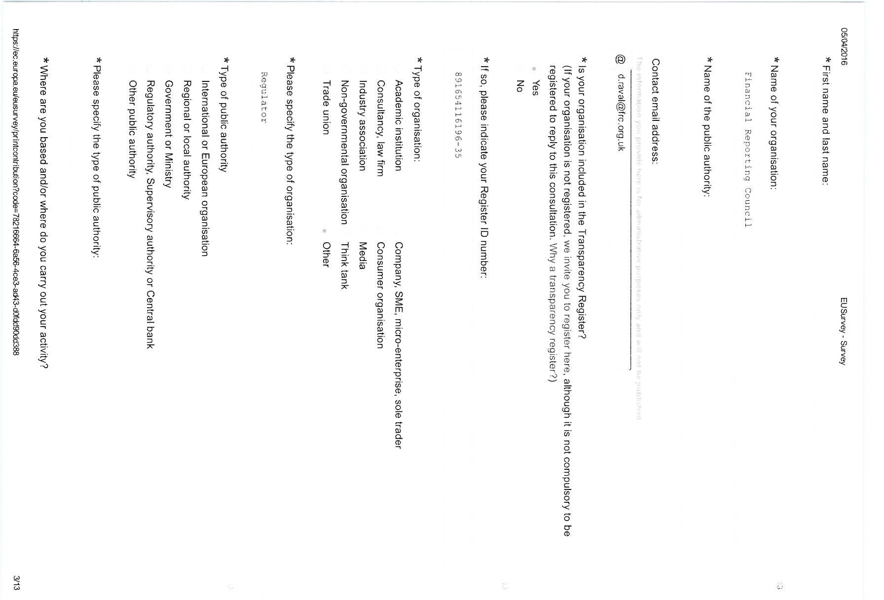 Page from public consultation document requesting respondent information and organization type.