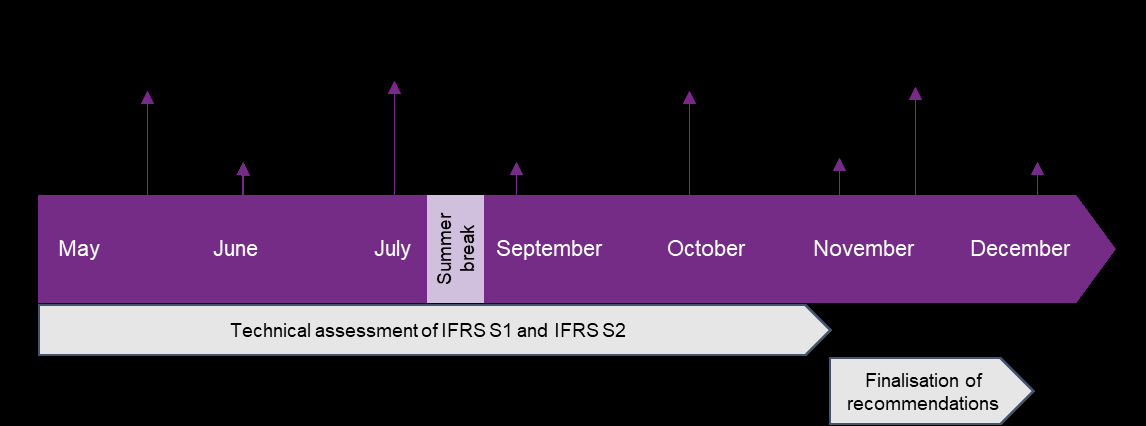 Timeline diagram showing key project phases from May to December, including technical assessment of IFRS S1 and S2, and finalisation of recommendations.