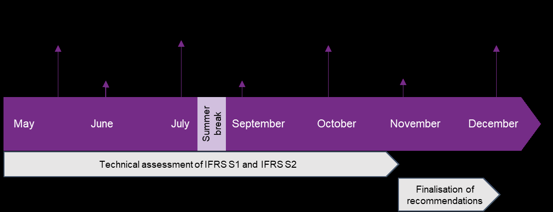 Timeline showing technical assessment of IFRS S1 and S2 from May to October, including a summer break, followed by finalisation of recommendations from November to December.