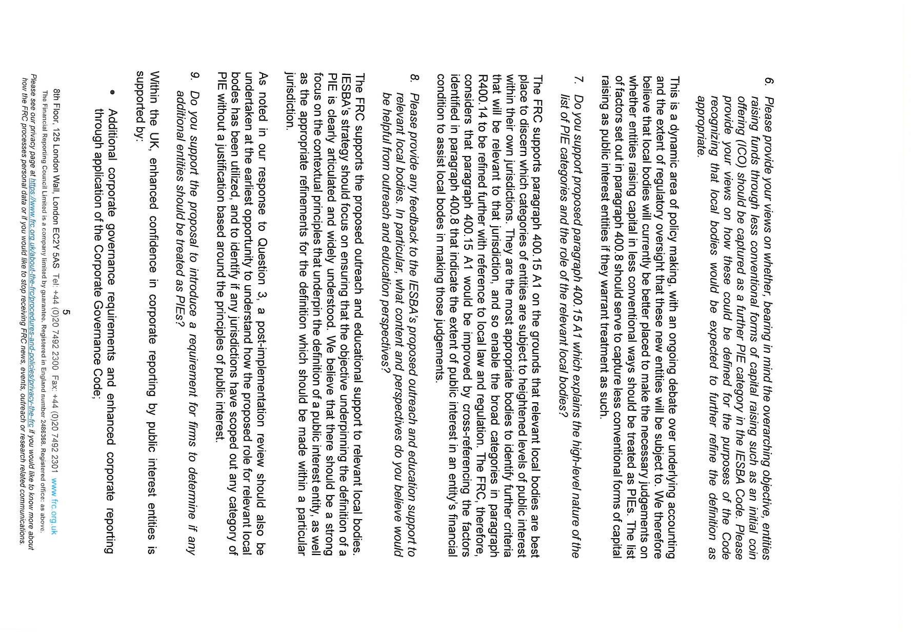 Page from the FRC document discussing views on capital raising and further PIE category clarifications.