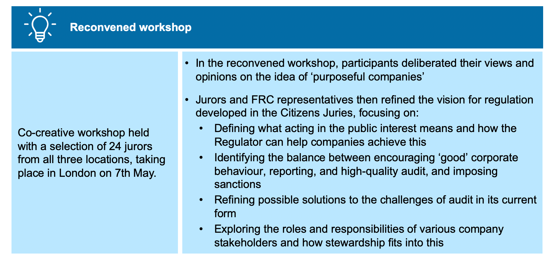 Diagram outlining the reconvened workshop's purpose and key deliberation topics, such as defining 'purposeful companies' and refining regulation.