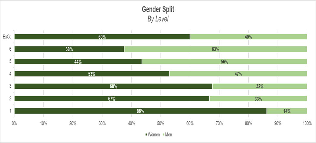 Stacked bar chart showing gender split by organizational level, from ExCo down to Level 1, illustrating the proportion of men and women at each level.