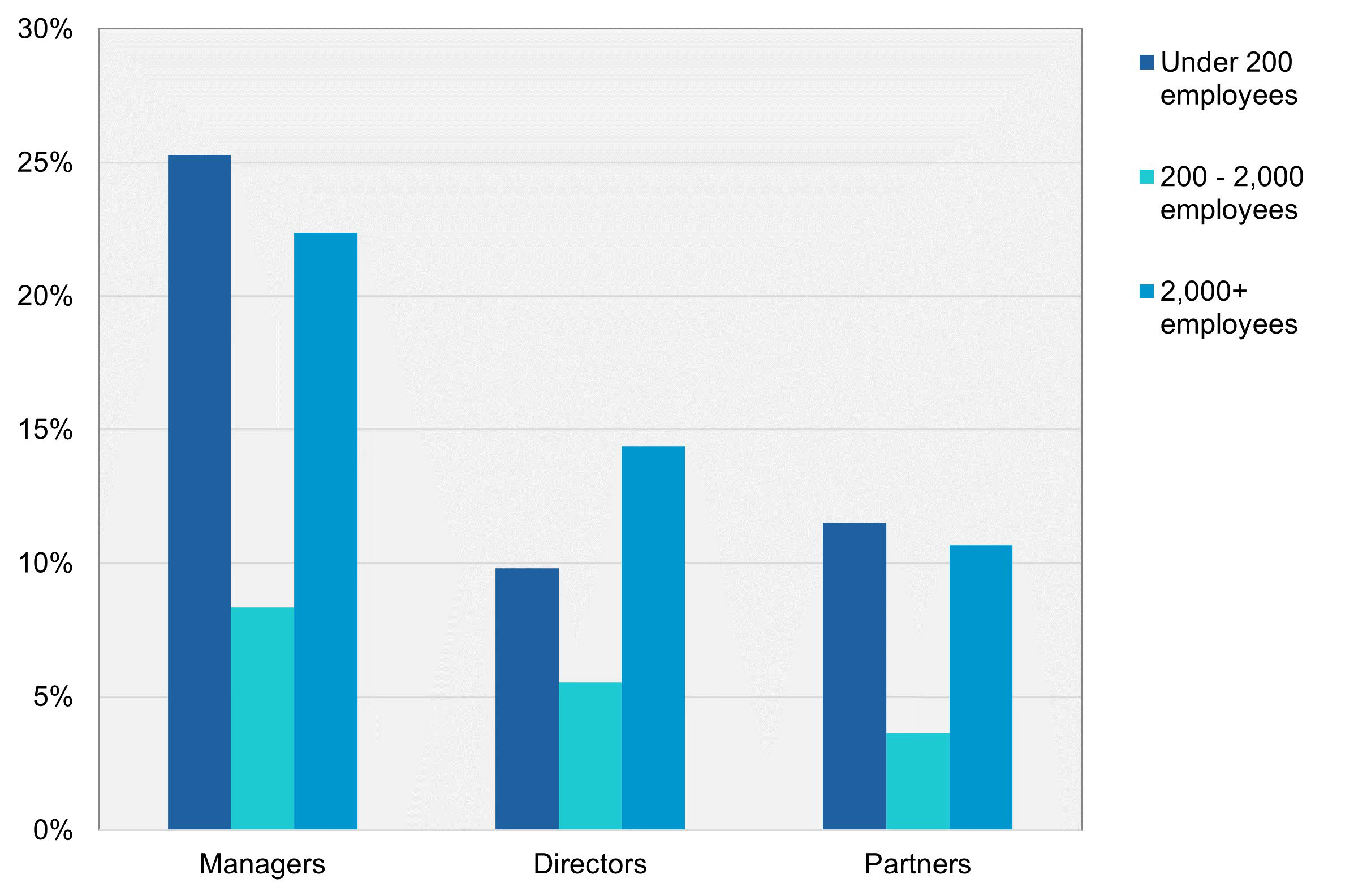 Bar chart showing the percentage of Managers, Directors, and Partners by firm size with a disability in 2023