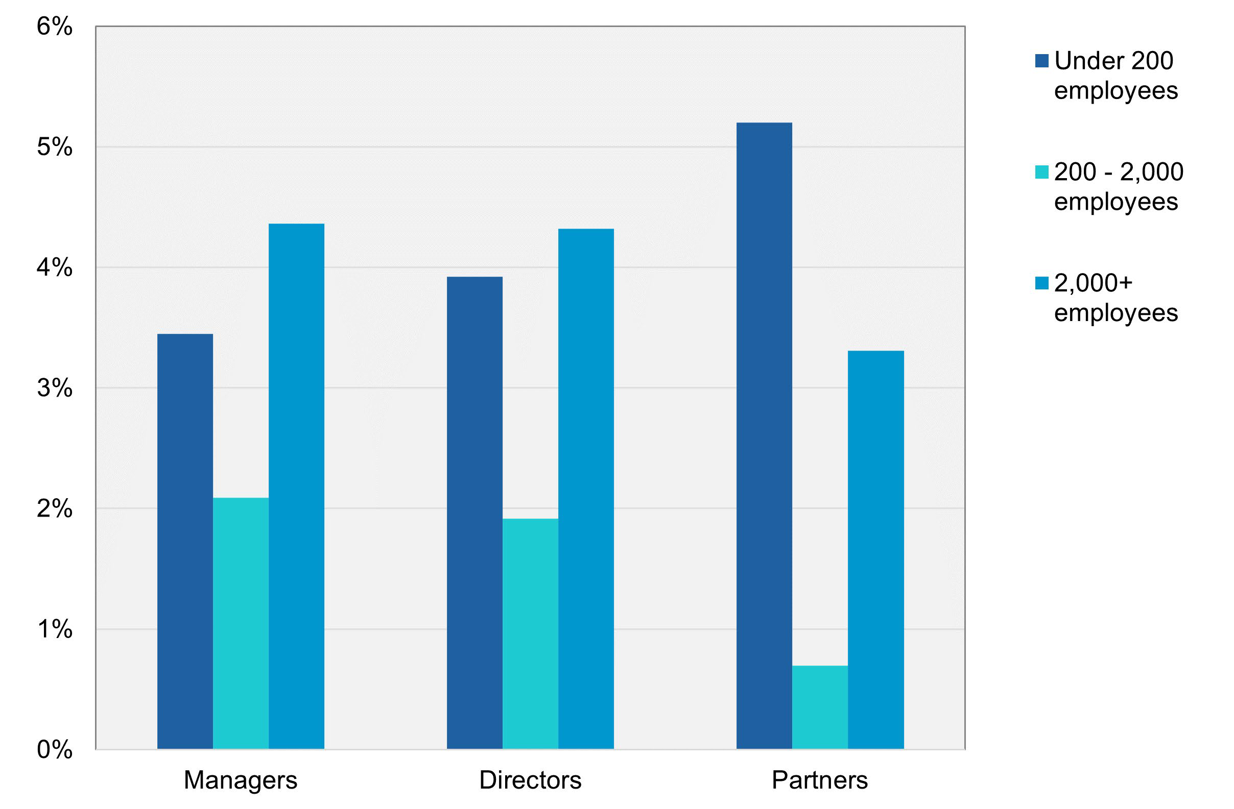 Bar chart showing the percentage of Managers, Directors, and Partners by firm size for LGBTQ+ individuals in 2023