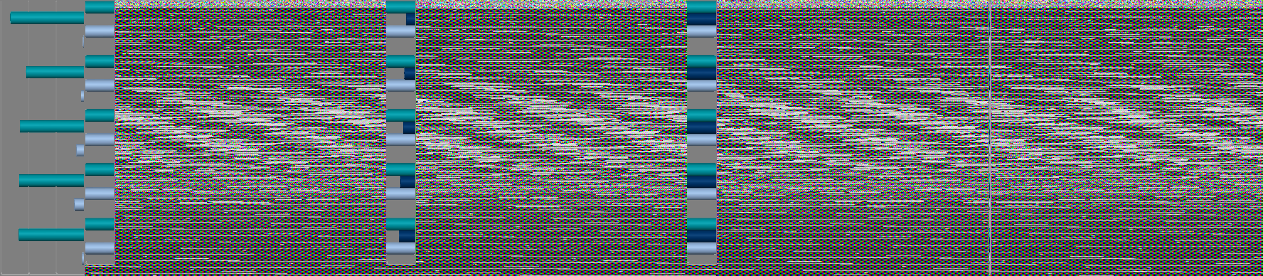 Corrupted data visualization featuring vertical teal and blue bars and a background of horizontal lines, likely representing a chart or timeline.