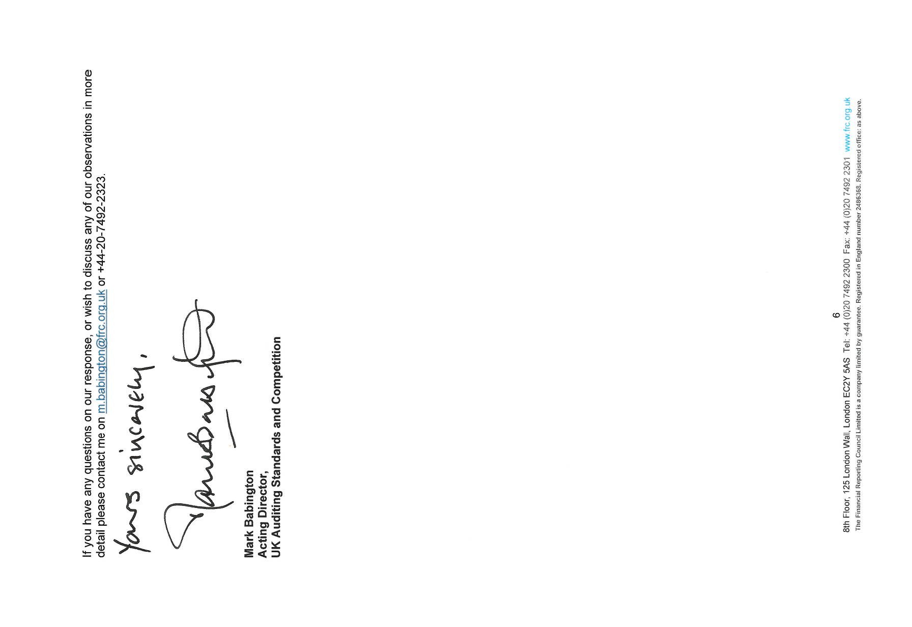 Closing page of a letter with 'Yours sincerely', Mark Babington's signature block, and his handwritten signature.