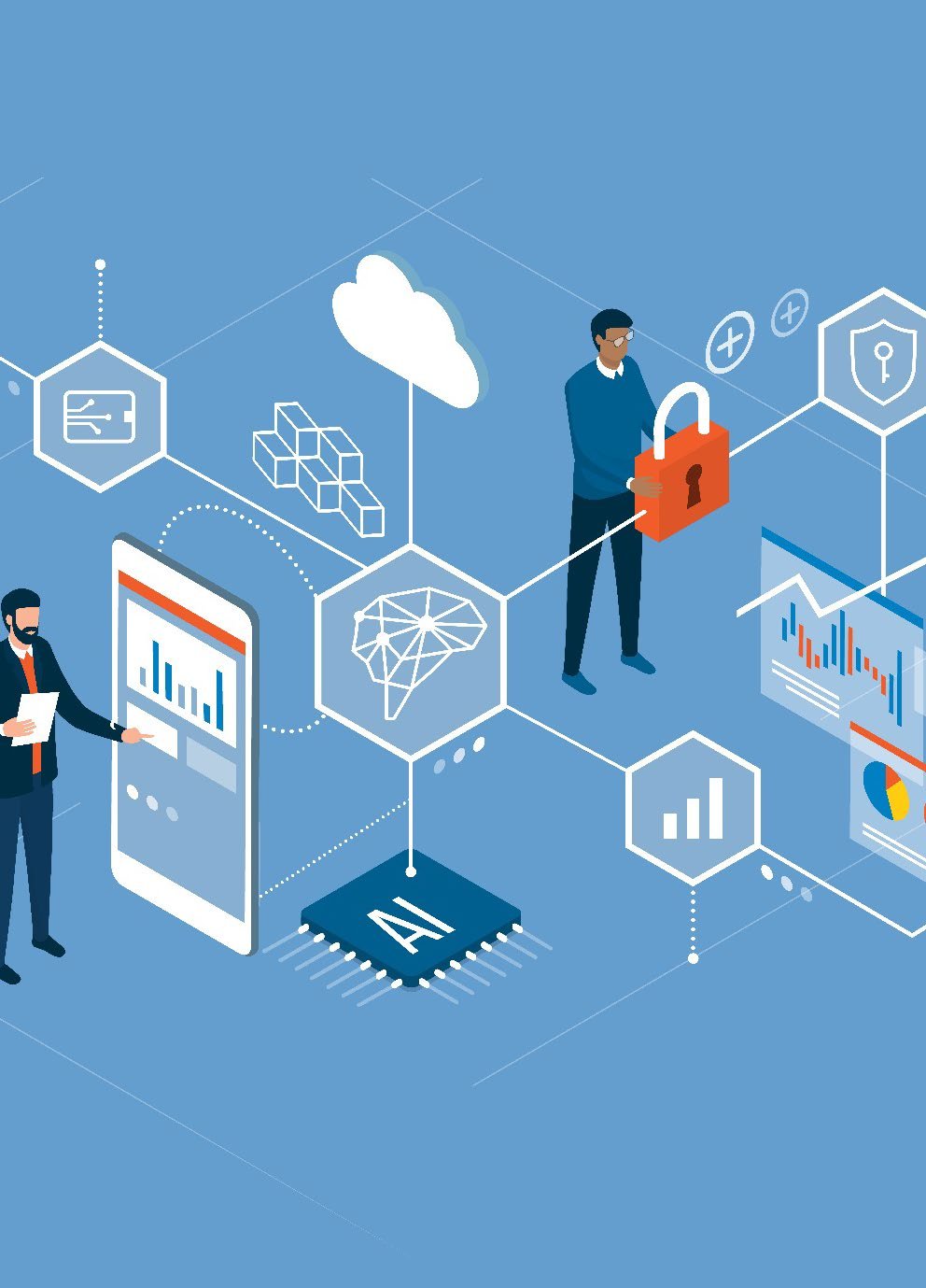 Infographic depicting a network of digital concepts like AI, cloud, mobile data, security, and data visualization, with people interacting.