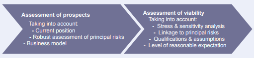 Two-step process diagram showing assessment of prospects (current position, risks, business model) leading to assessment of viability (stress analysis, risk linkage, assumptions, expectation).