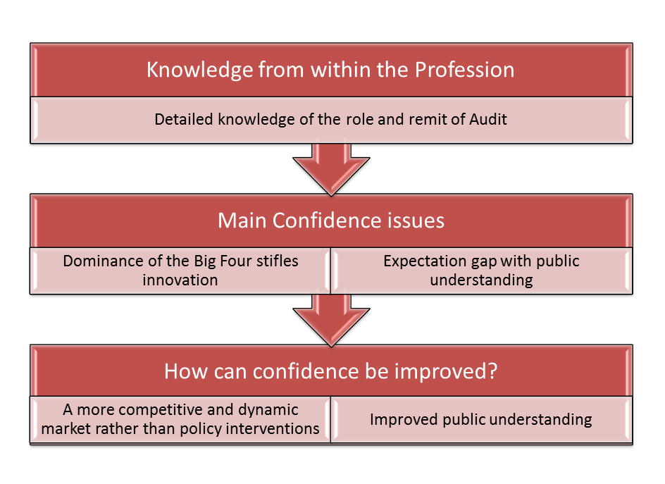 Flowchart detailing confidence issues within the audit profession from an internal perspective, including how to improve confidence.