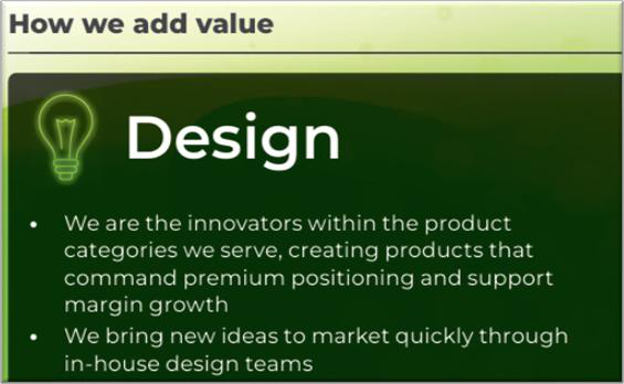 Screenshot of a slide detailing how value is added through design, highlighting innovation and bringing new ideas to market, accompanied by a lightbulb icon